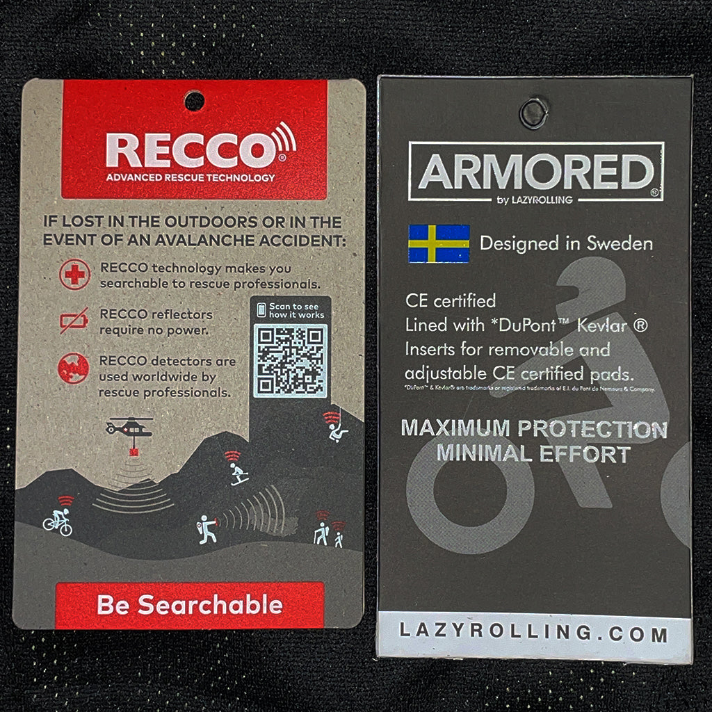 The black on black armored reflective jacket is CE certified and equipped with RECCO® technology to make you searchable to rescue professionals